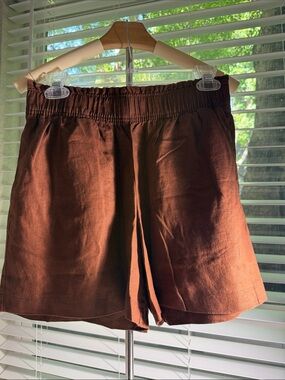 Quince Brown High-Waist Linen Blend Shorts